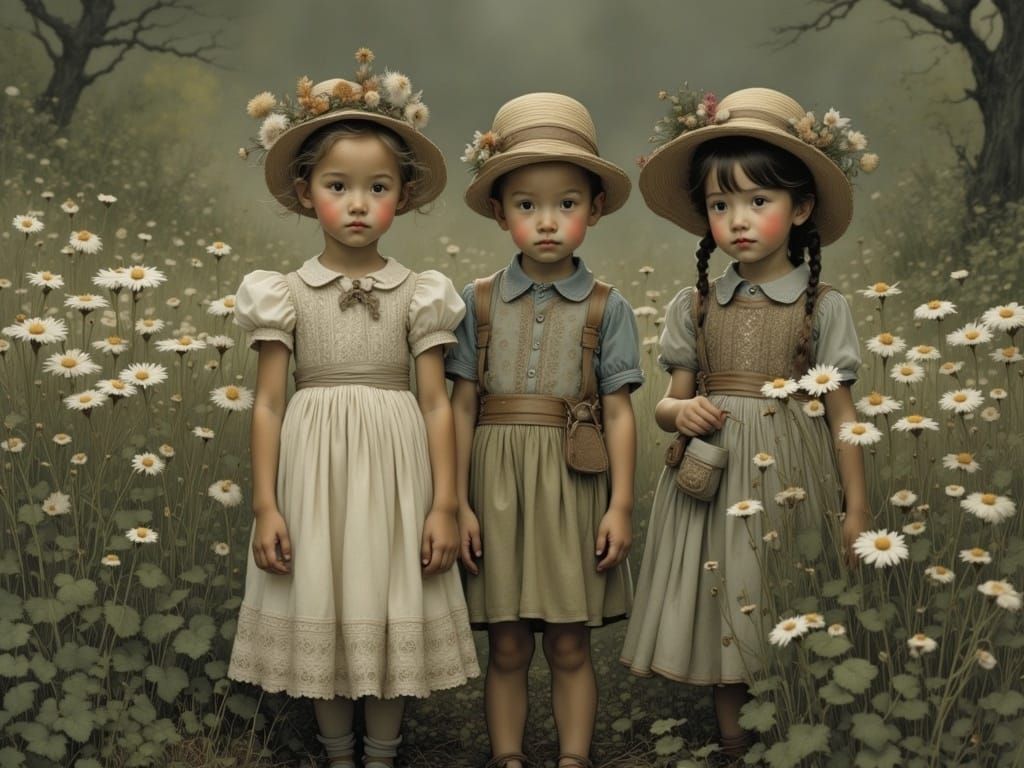Siblings Amidst Vintage Wildflowers in a Dreamlike Setting