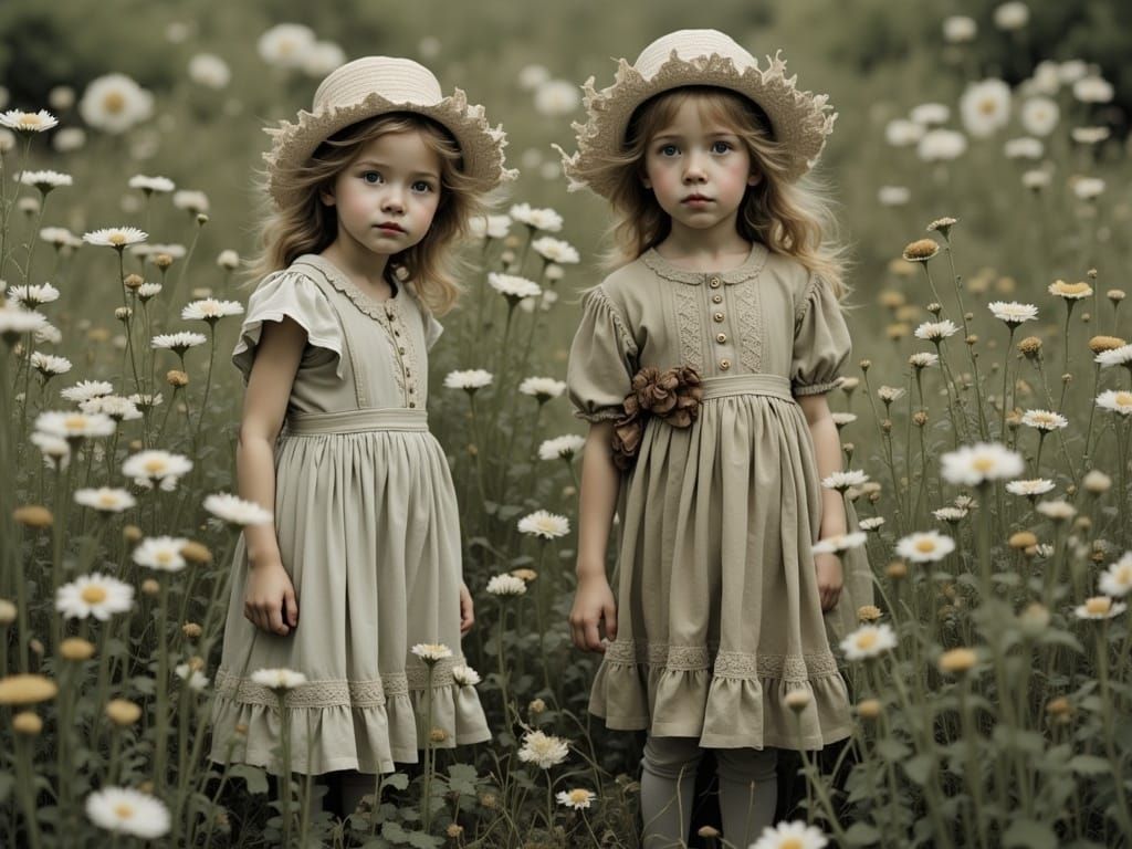 Tender Siblings Amidst Whimsical Wildflowers in a Vintage Ae...