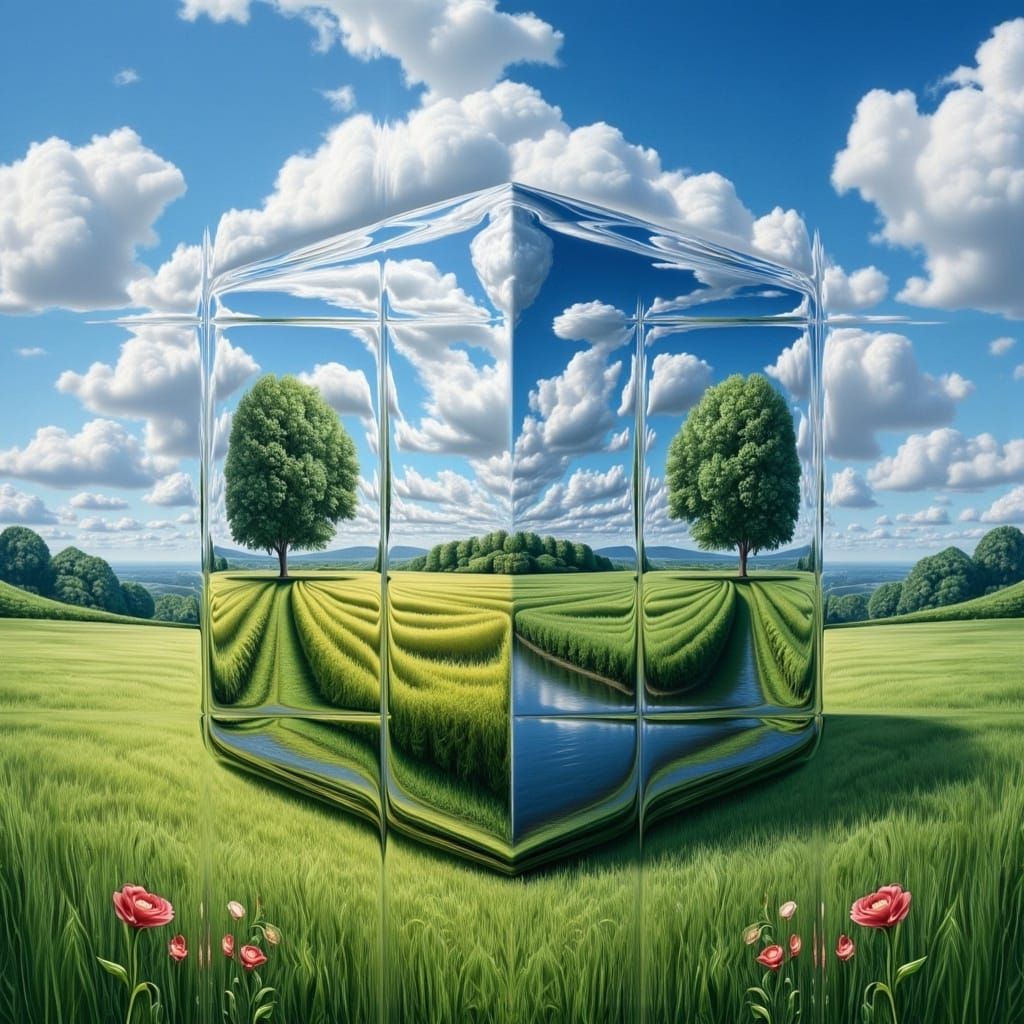 Majestic, 60-Meter Reflective Cube in Lush Emerald Meadow