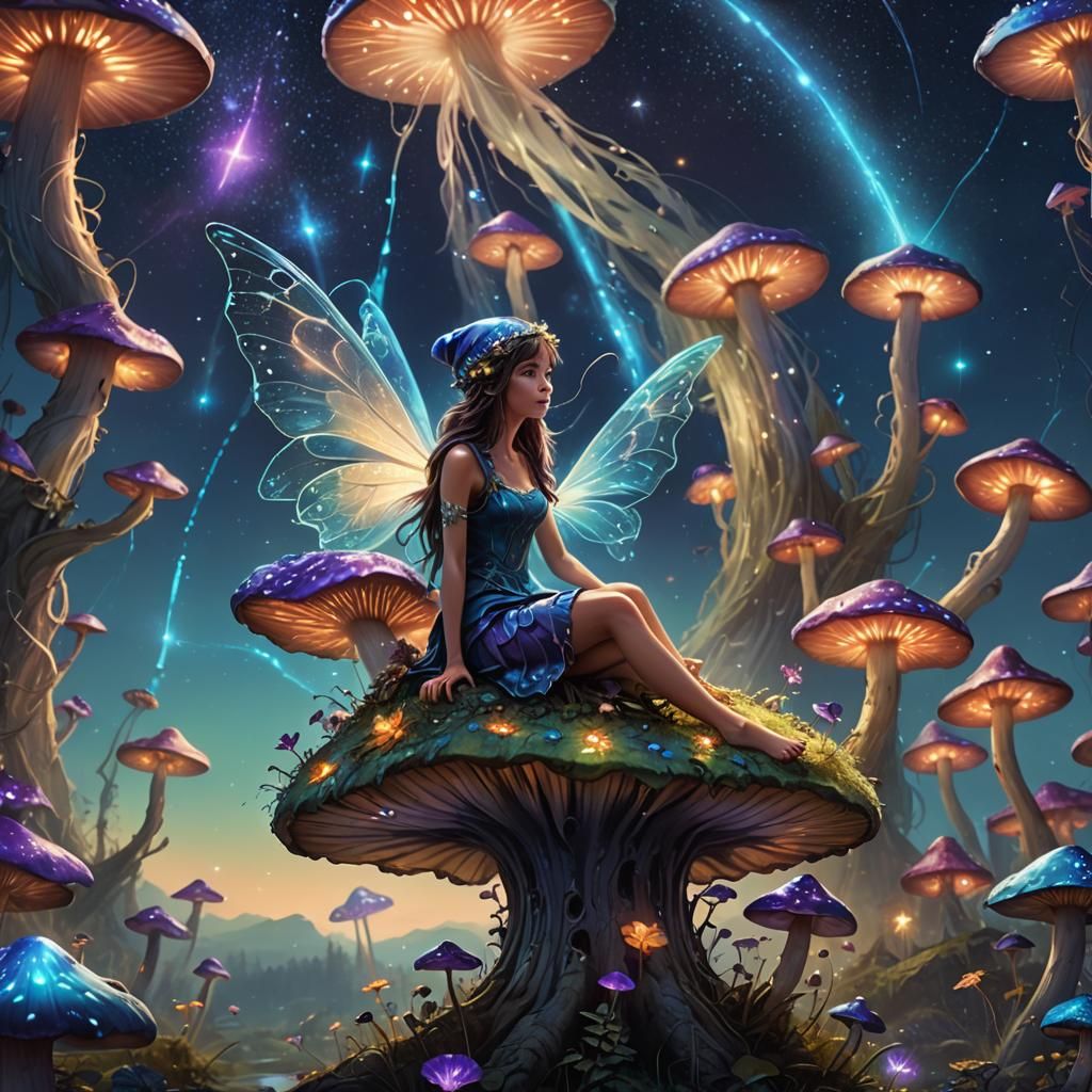 Fairy on Magical Mushroom with Meteor Shower