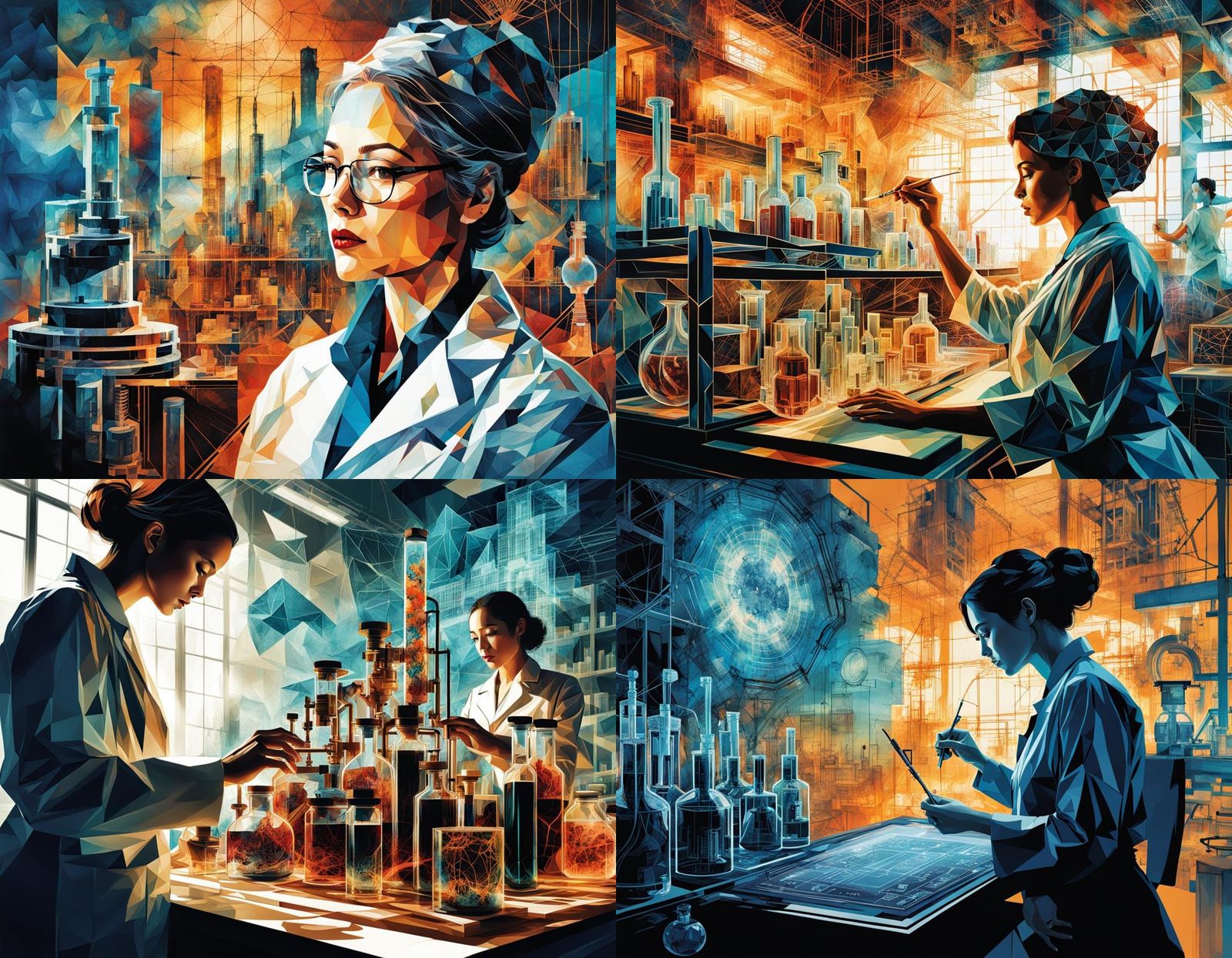 Silhouetted Scientist Double Exposure in Cubist Style
