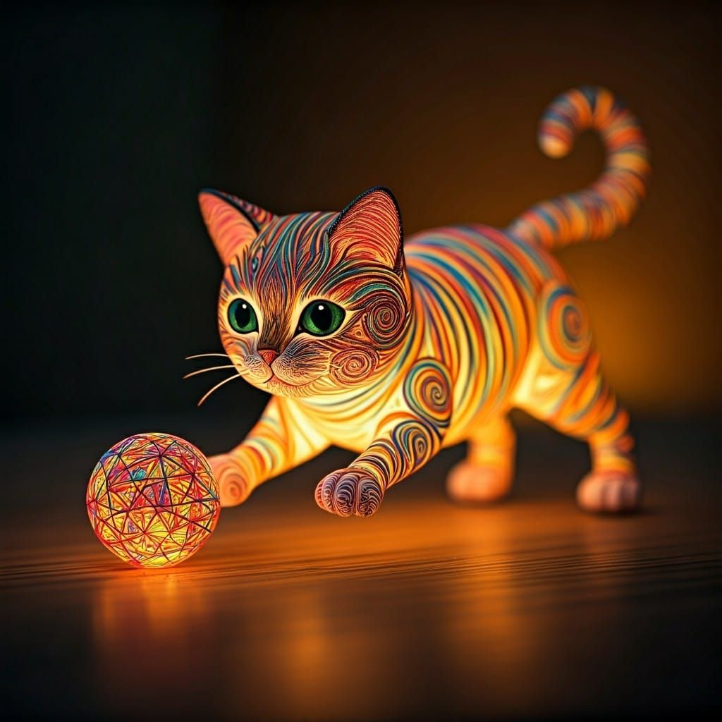 Whimsical String Cat Chasing Ball, Dreamy Art Style
