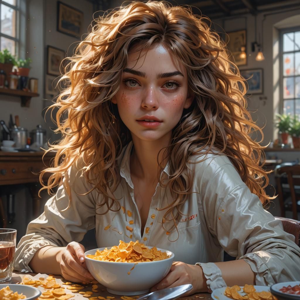 Detailed Portrait of Girl Eating Cornflakes, Art Nouveau Sty...