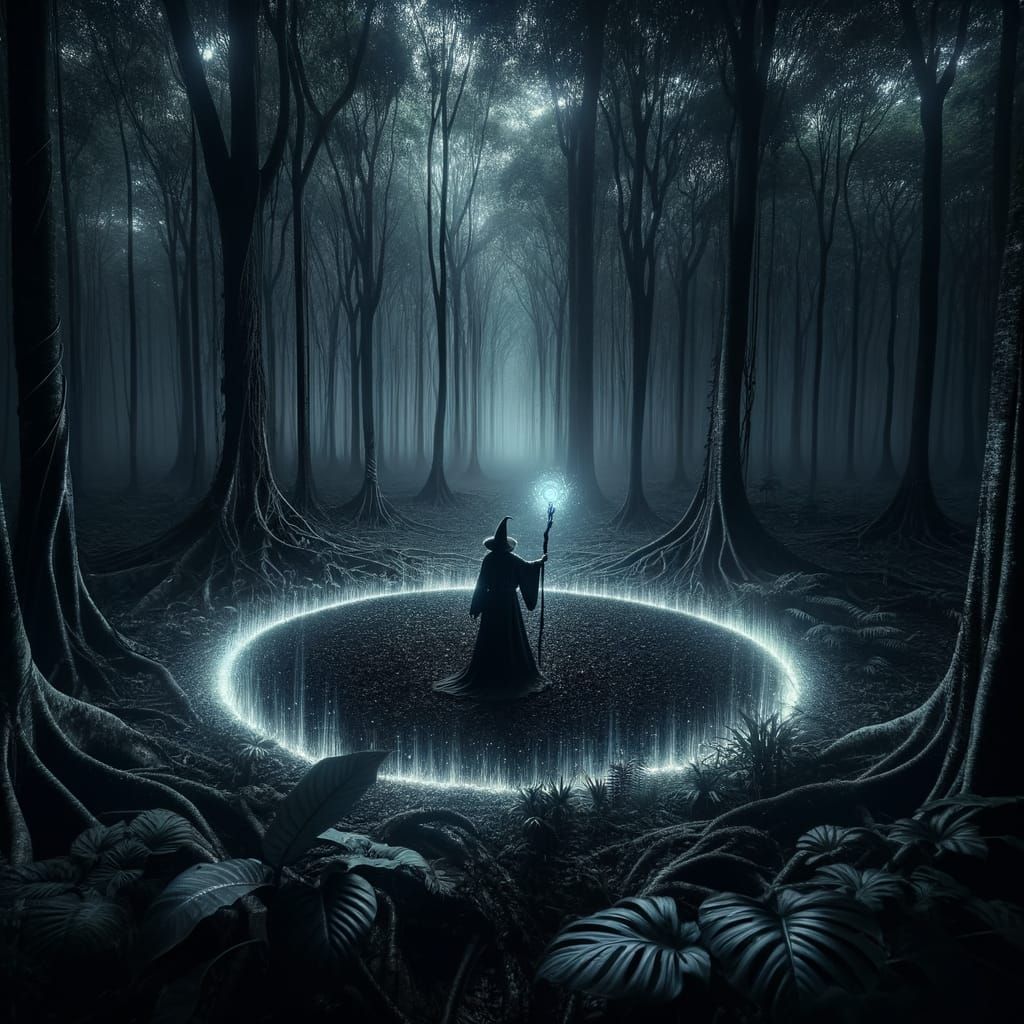 Wizard Casting Blacklight Spell in Dark Forest