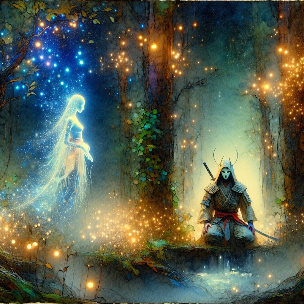 A Watercolour Scene of a Masked Warrior and a Spectral Woman...