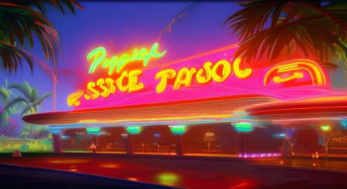 Tropical Island Casino with Neon Lights, Hyperdetailed Art