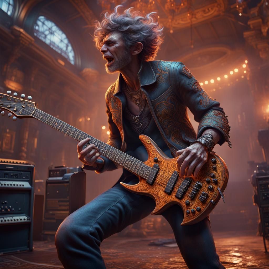 Detailed Matte Painting of a Crazy Guitarist