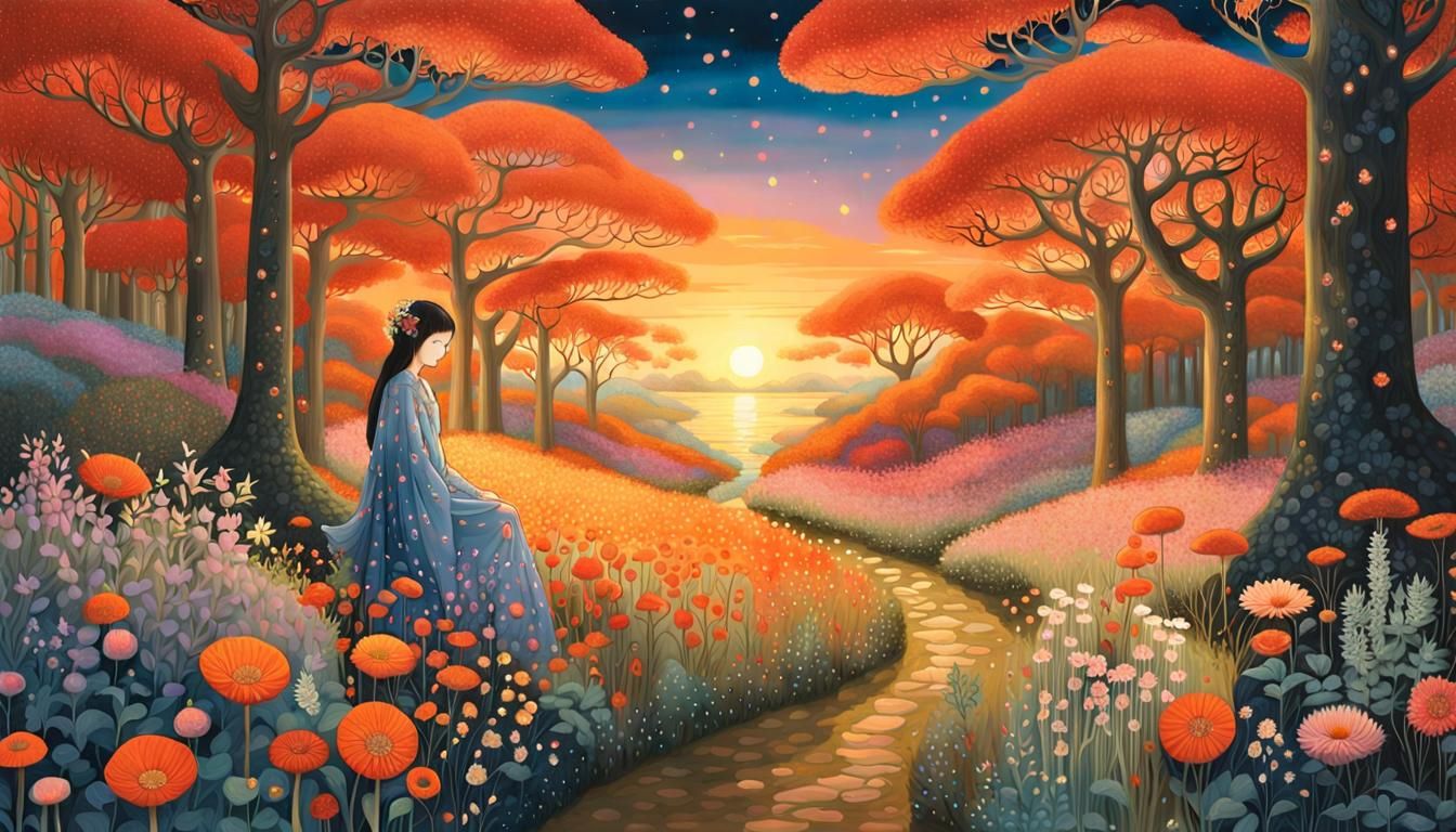 Sunset Hybrid in Enchanted Forest, Art Nouveau Style