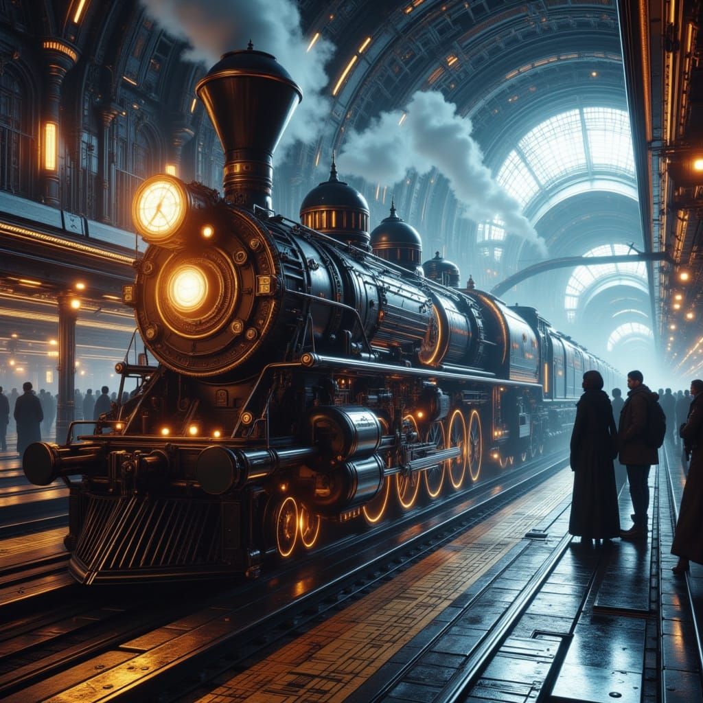 Futuristic Steampunk Train at Alien Station