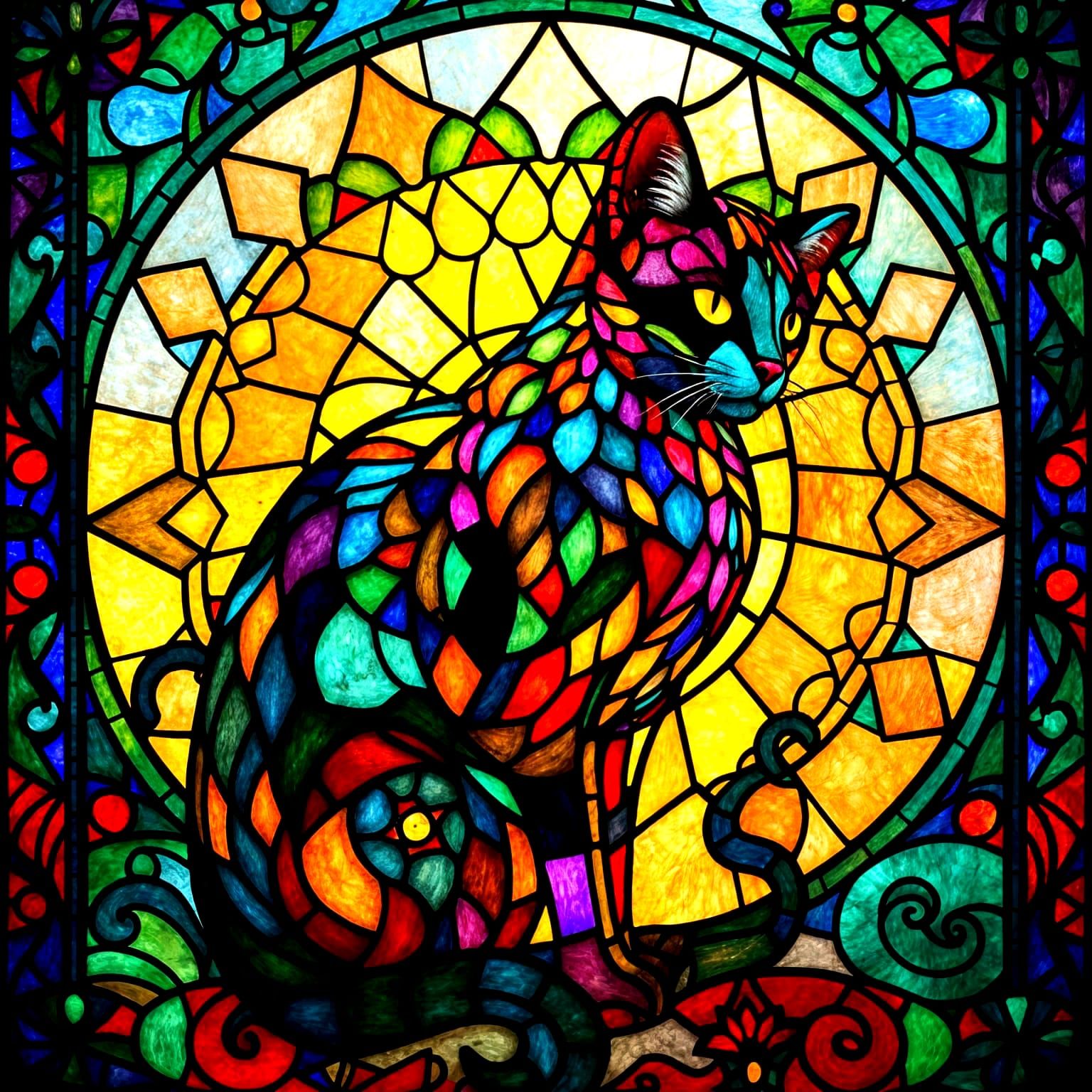 Stained Glass Window of a Majestic Cat in Vibrant Colors