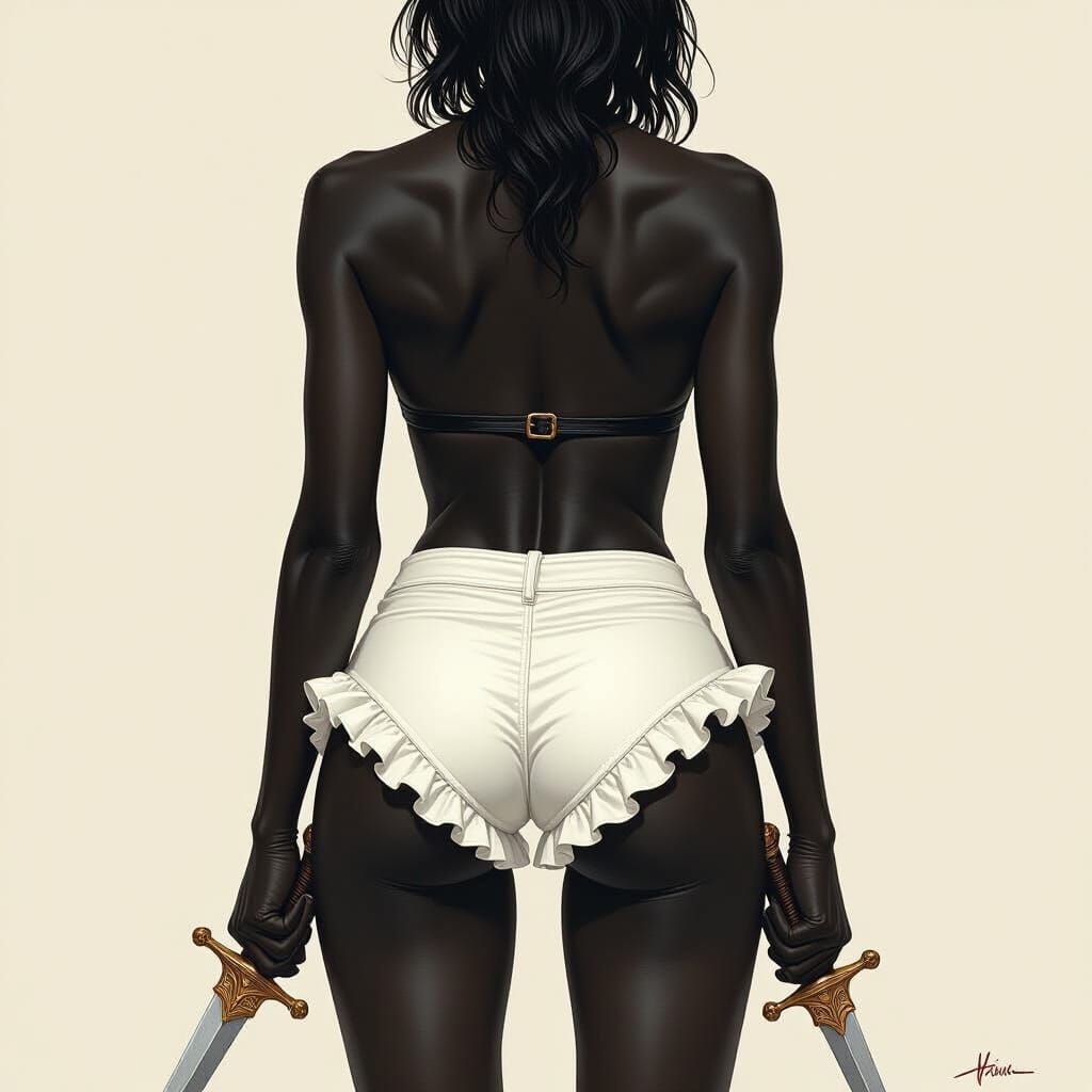 Drow Assassin in Frilly Shorts, 90s Fantasy Art