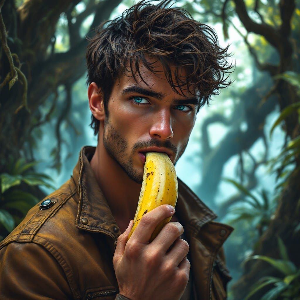 Handsome Man Eating Banana in Surreal Landscape