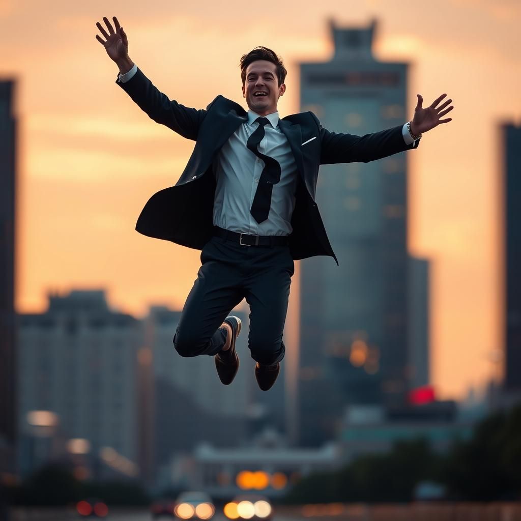 Man Leaping Through Cityscape at Dusk