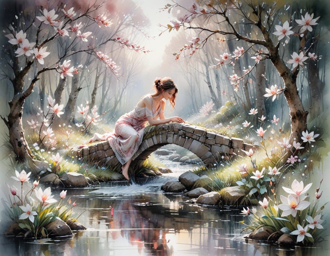 Spring Garden Scene in Watercolor Style