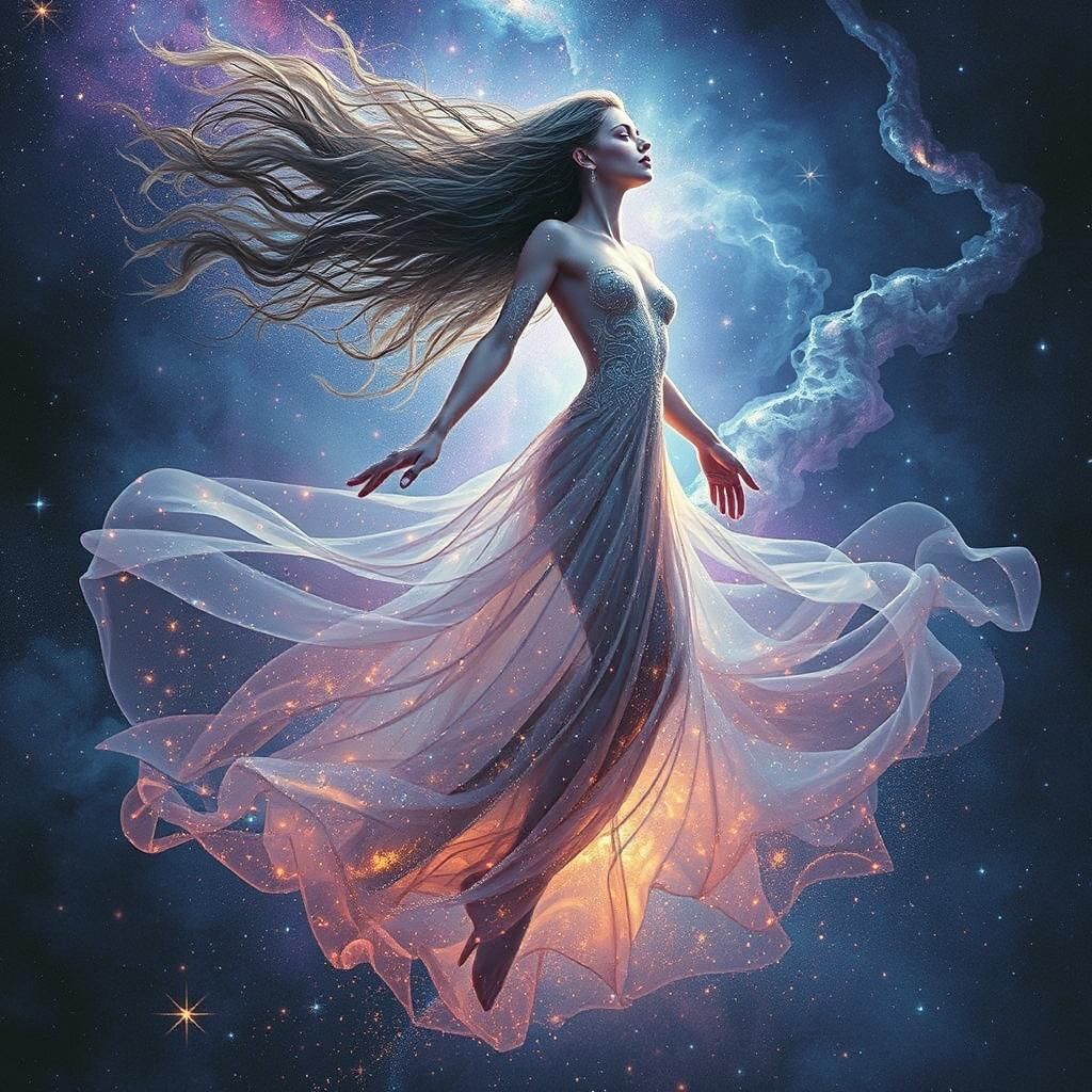 Celestial Woman Dances Through Space, Creating Galaxies