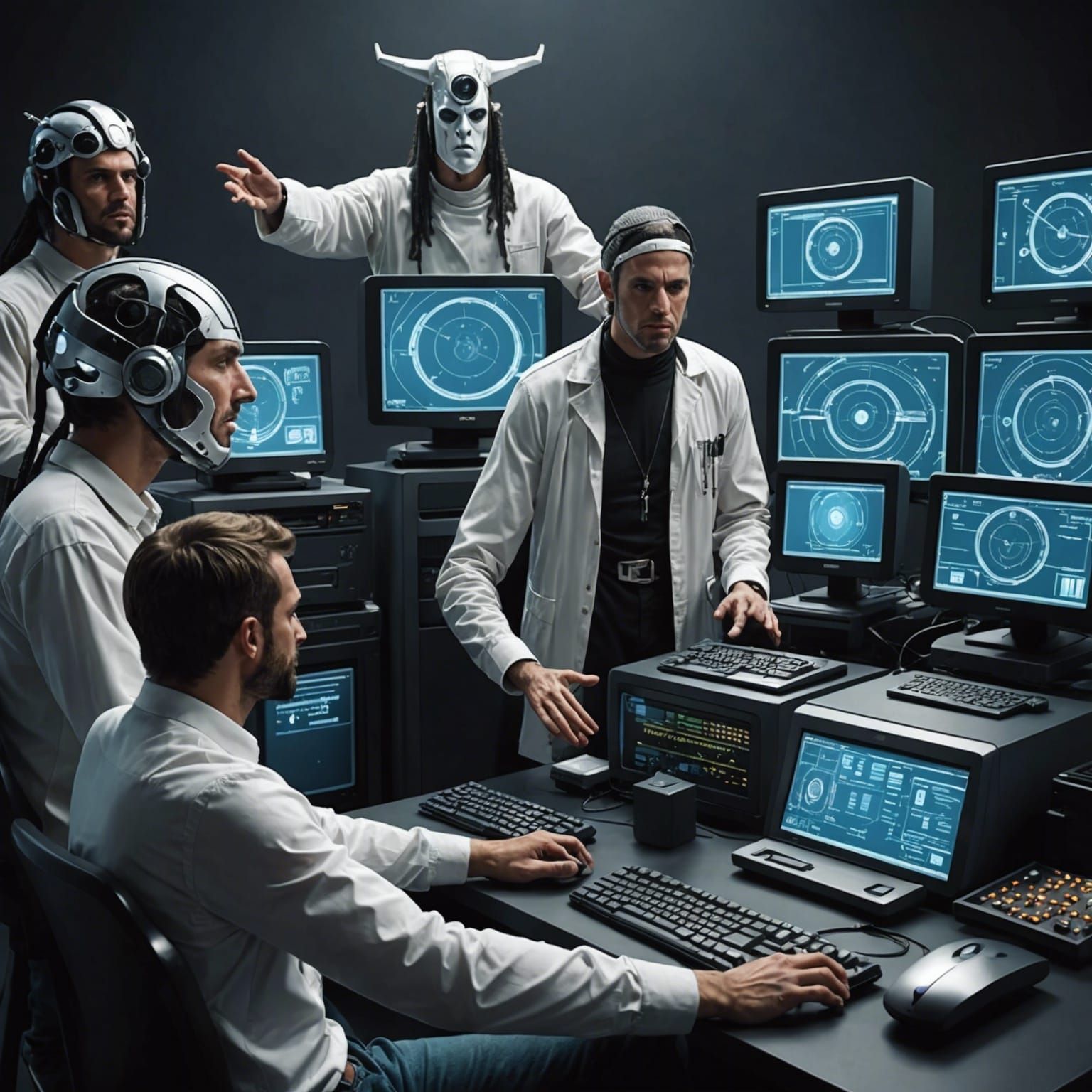 Futuristic Figures Worshipping Computers