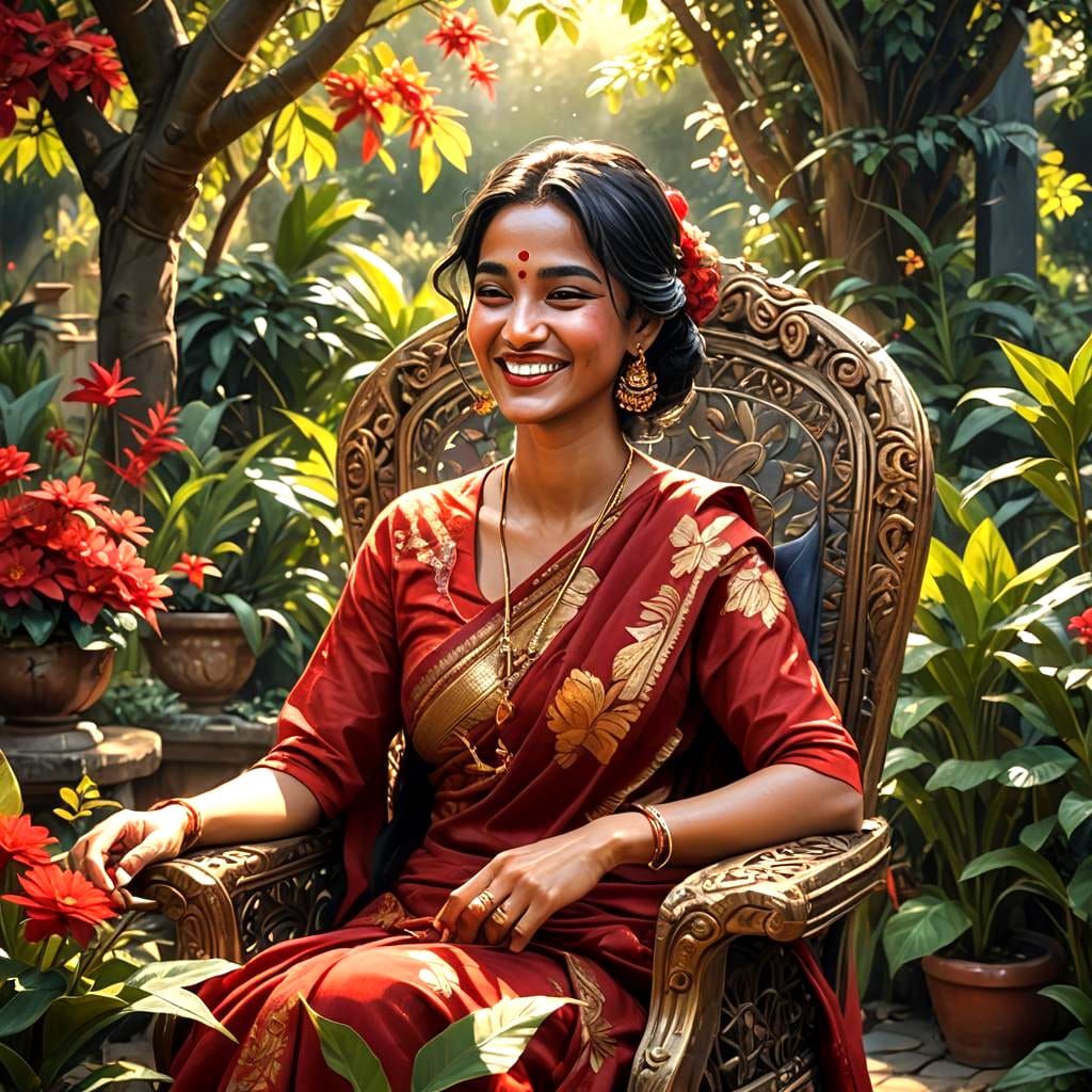 Laughing Woman in Red Sari: Detailed Digital Garden Art