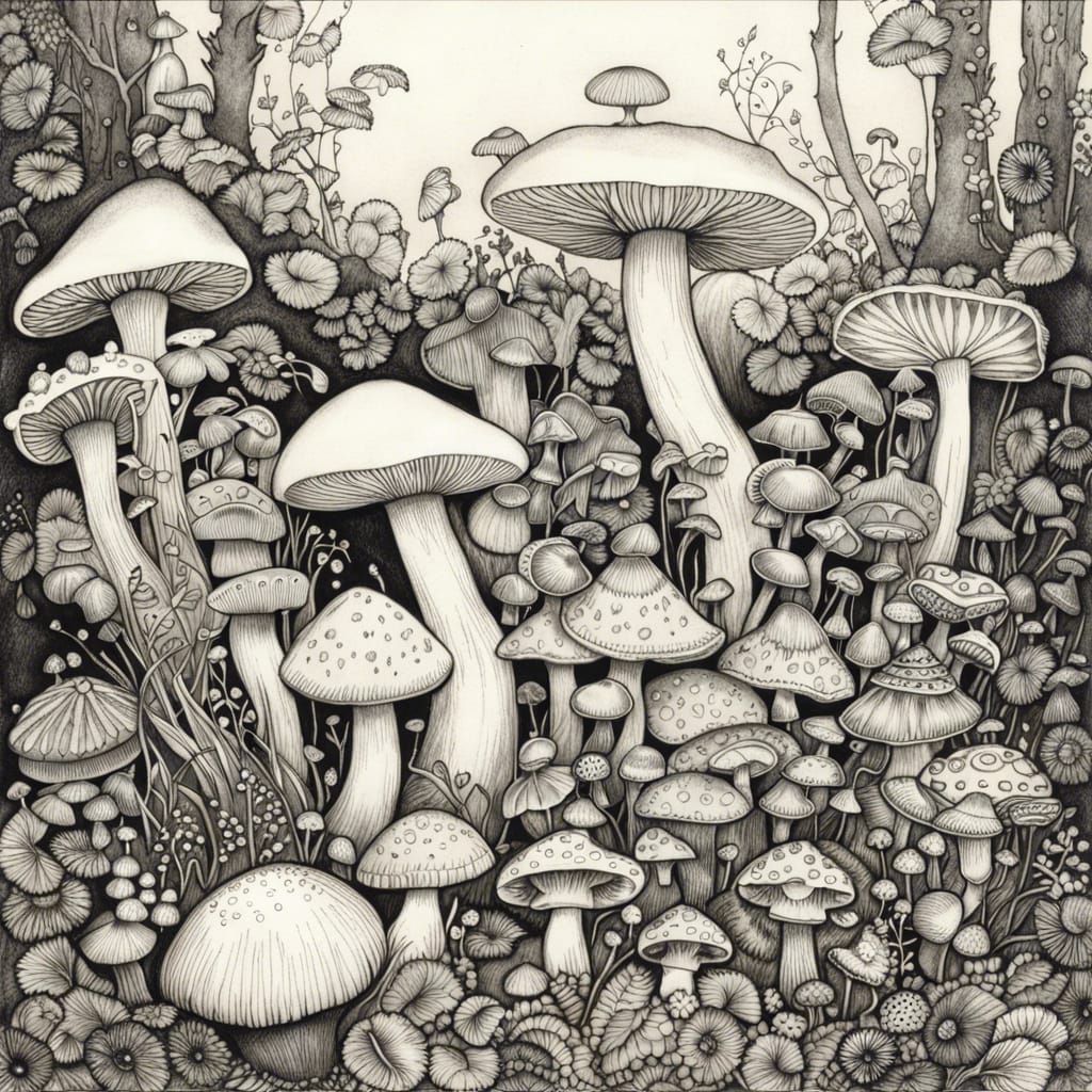 Mushroom Patch Ink Drawing in Art Nouveau Style