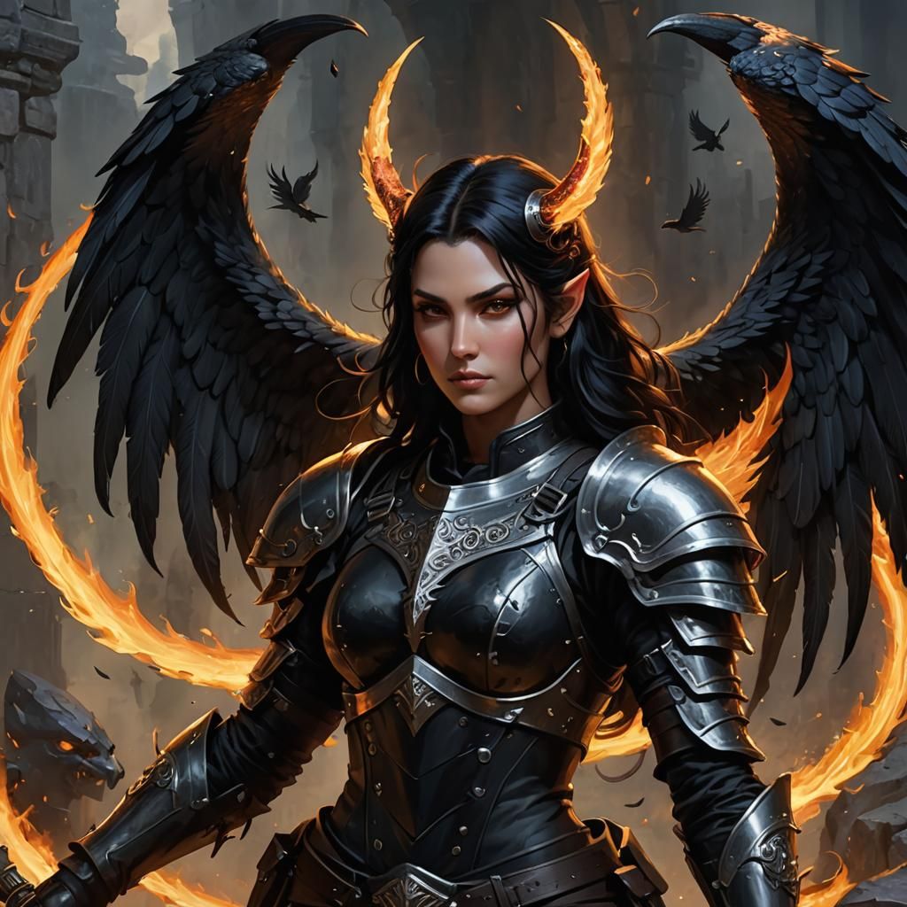 Aasimar Tiefling Hybrid Woman with Flaming Halo