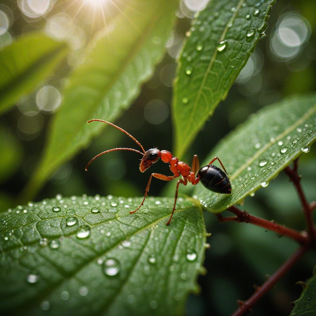 Red Ant Drinks from Water Droplet on Lush Green Leaf in Cine...