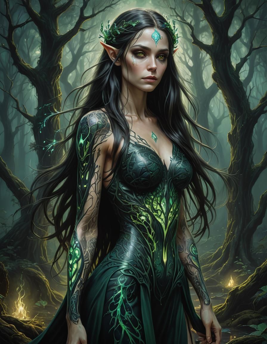 Bioluminescent Elf Priestess in Oil Painting Style