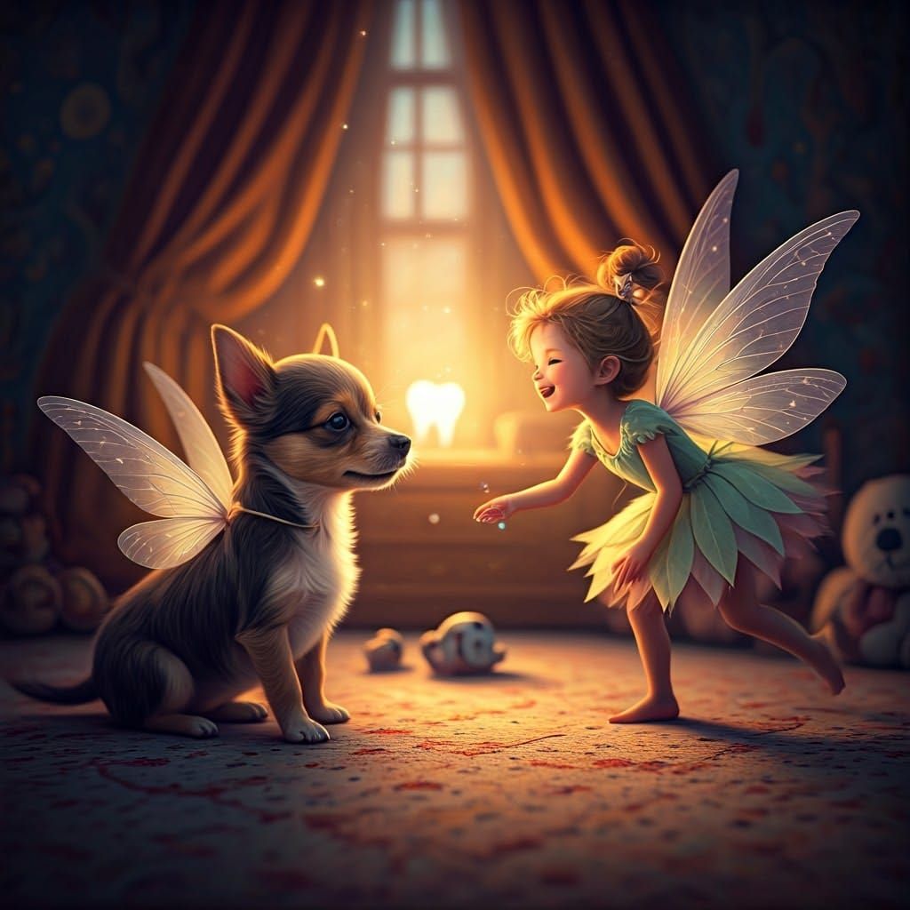 Fairy and Dog Playing Fetch with Tooth