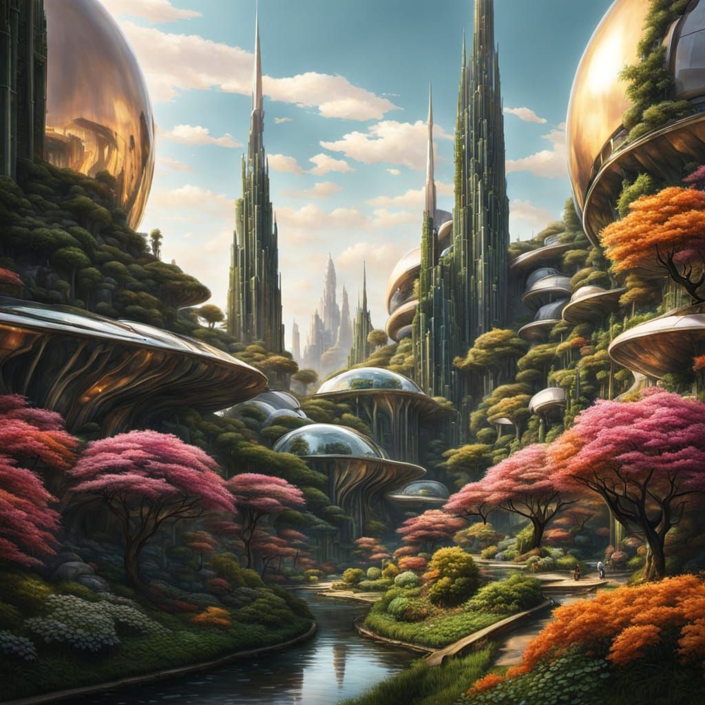 Surreal Futuristic Eco-Dome Cityscape with Vibrant Wildflowe...