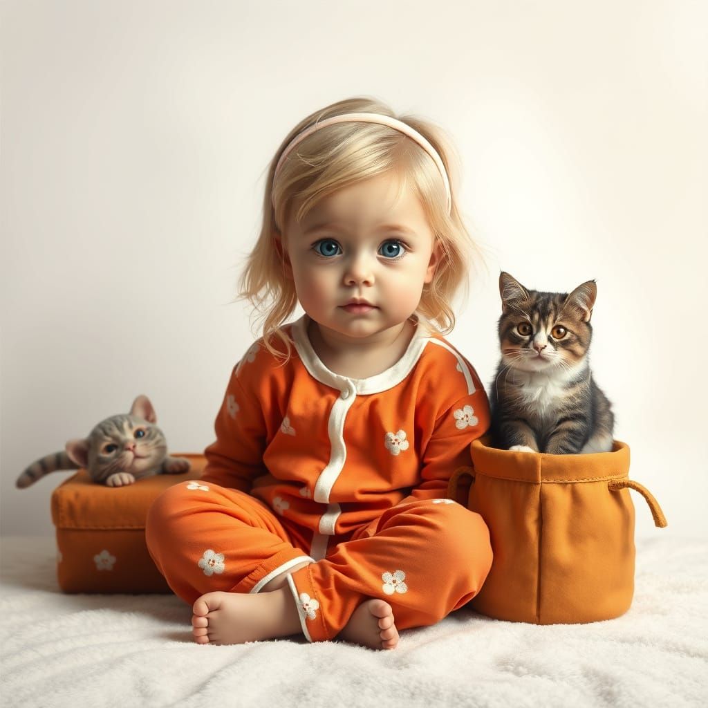 Charming Girl with Cat and Toys, Oil Painting Style