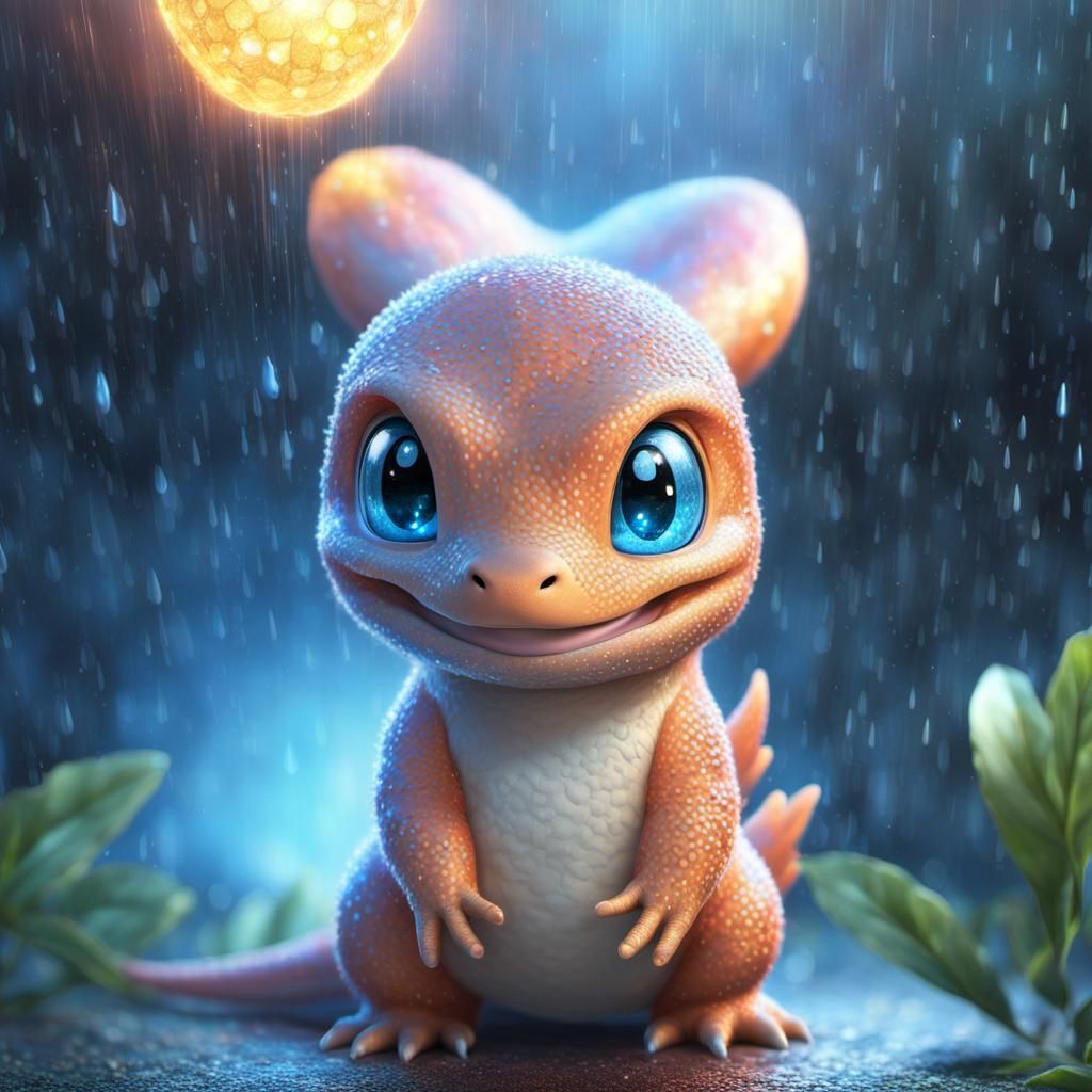 Upset Charmander with Chibi Eyes in Rainy Fantasy World
