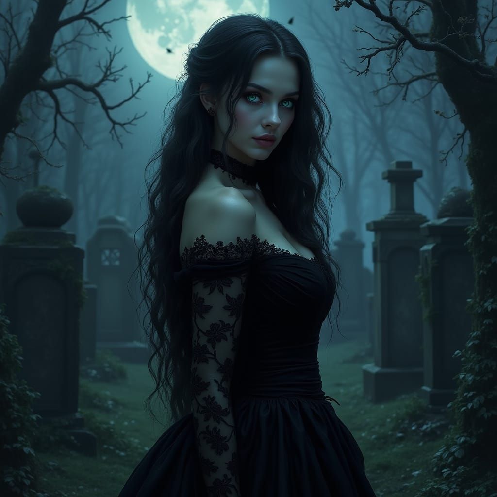 Gothic Woman in Moonlit Graveyard Digital Painting