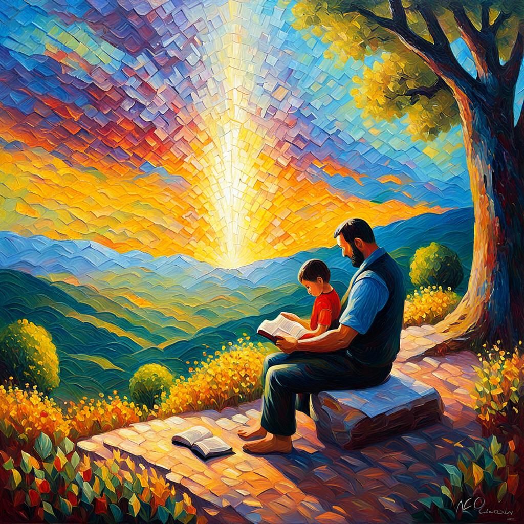 Neo-Impressionist Painting of Father and Child Reading