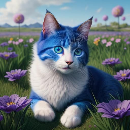 Blue-Eyed Cat in a Field of Flowers
