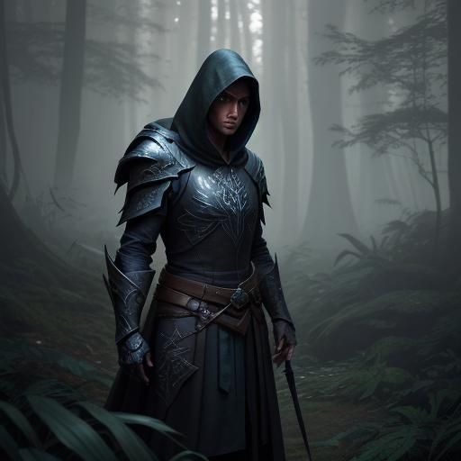 Hooded Assassin in Mystical Forest: Matte Painting