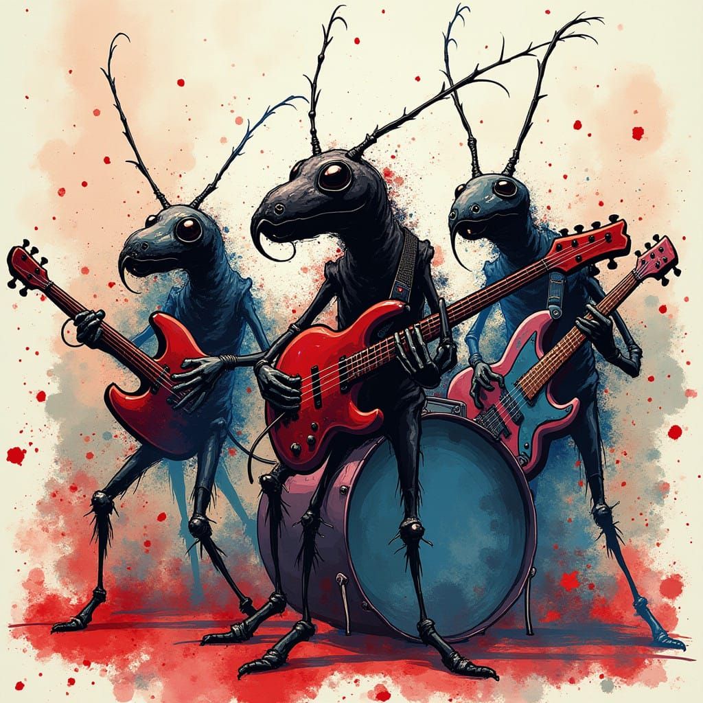 Expressive Rock Band of Anthropomorphic Ants in Rot, Blau, S...