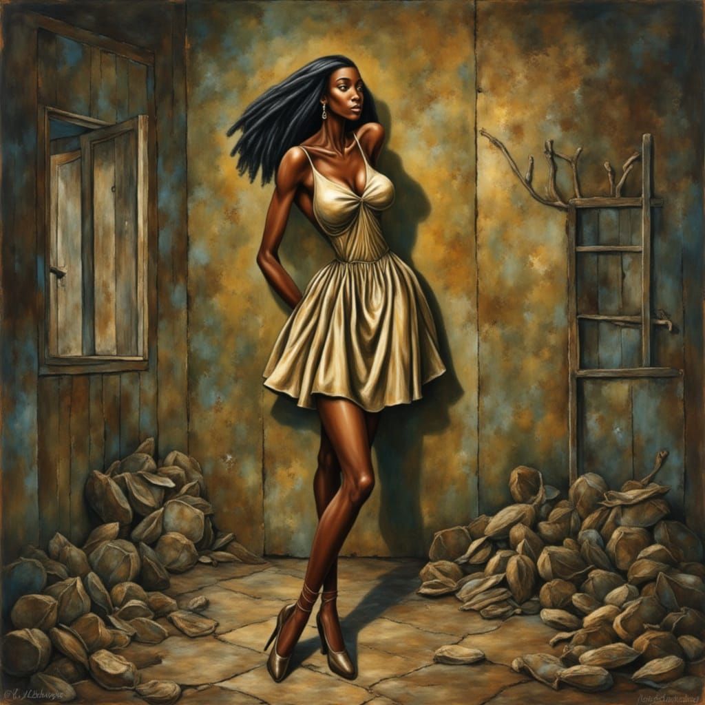 Pin-Up Woman in Metallic Dress, Art Nouveau Style