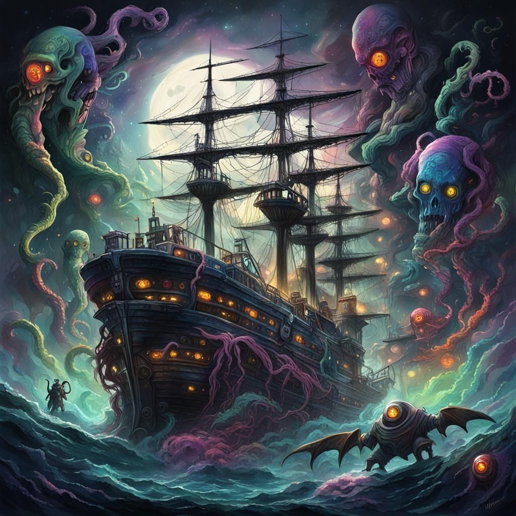 Ship Entangled in Cosmic Horror Graffiti Art