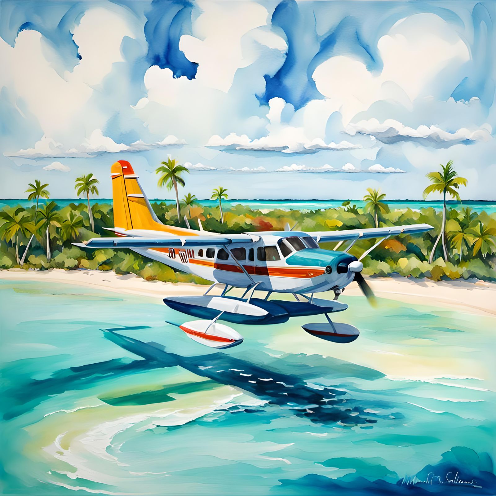 Seaplane Landing in Bahamas: Impressionist Gouache Painting