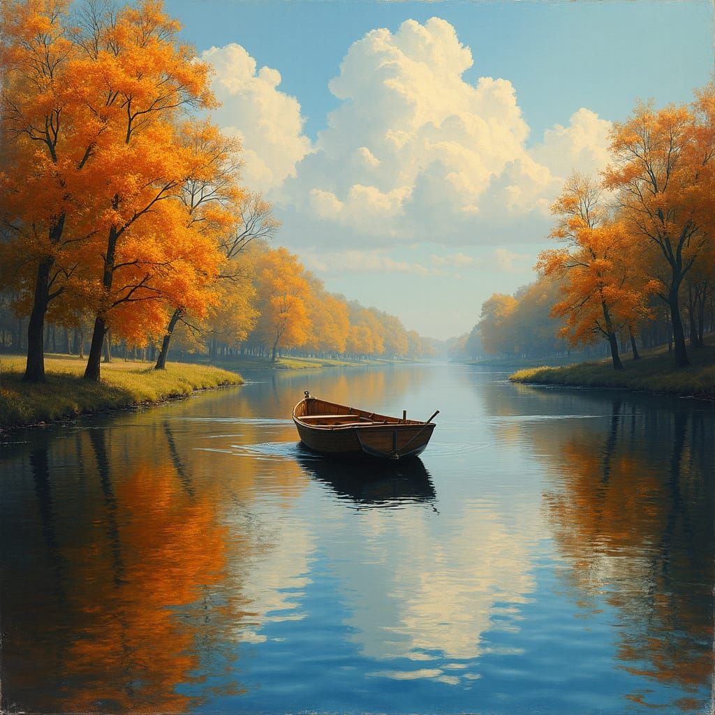 Rowboat on River in Impressionist Style