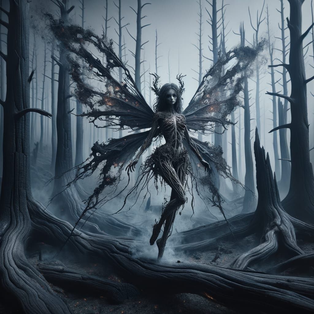 Eerie Ash Fairy Dance in Charred Woodland
