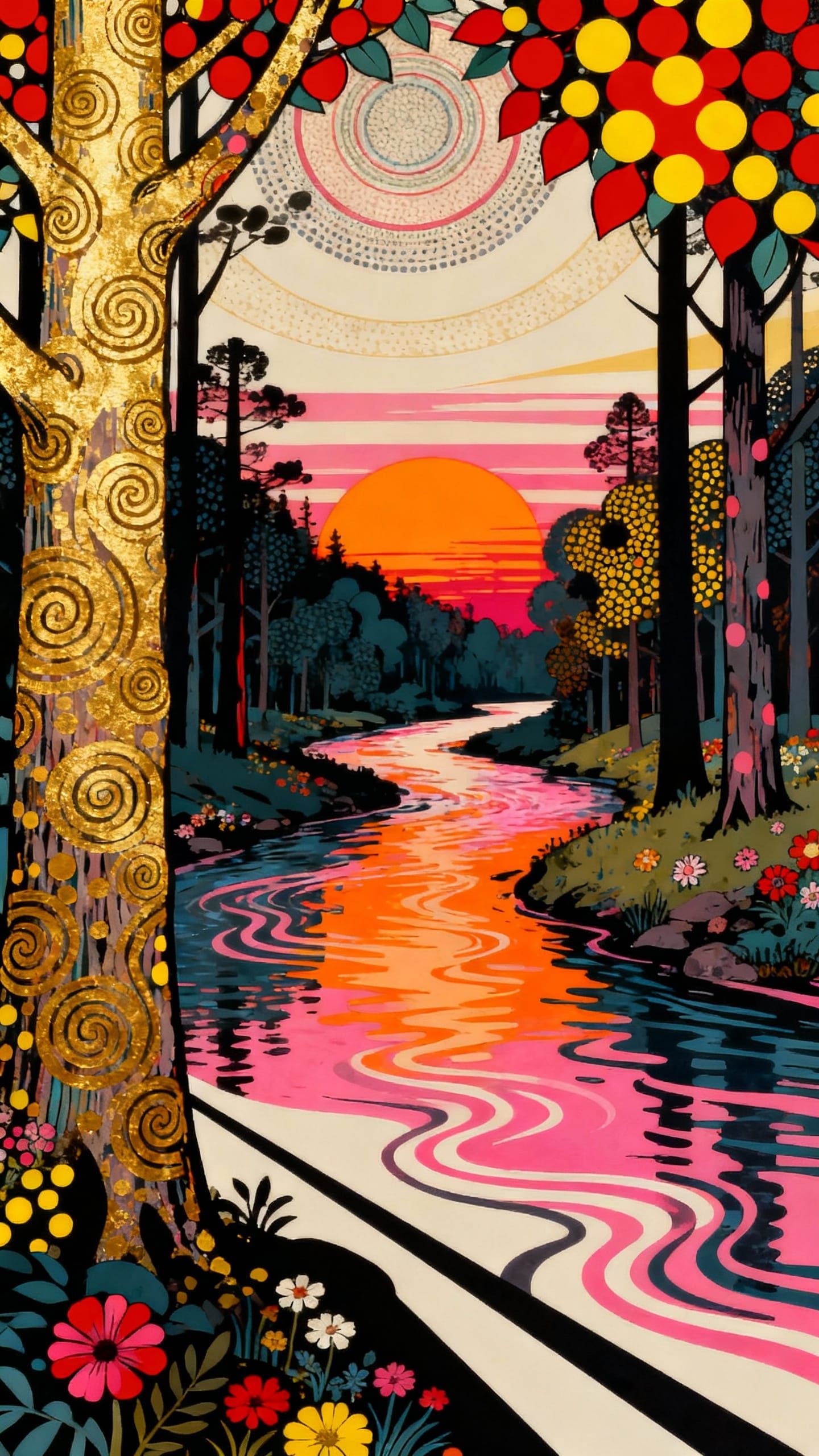 Mid-Century Pop Art River at Sunset
