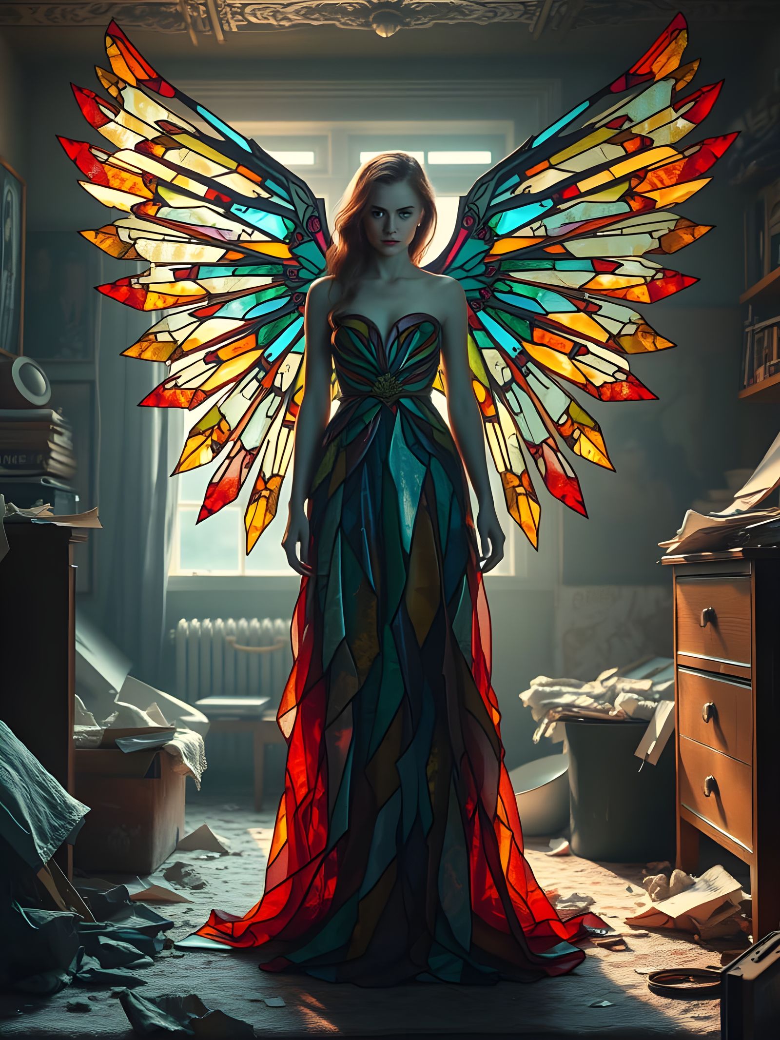 Angel in a Dark, Messy Apartment, Wearing a Billowing Staine...