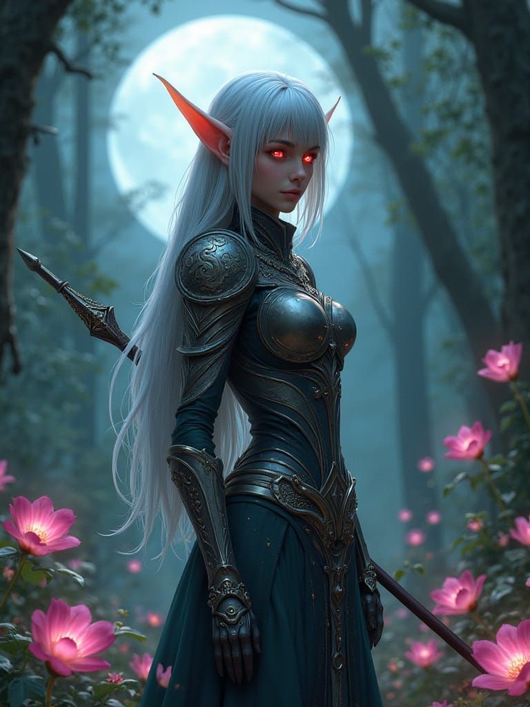 Ethereal Elf Warrior in Moonlit Forest