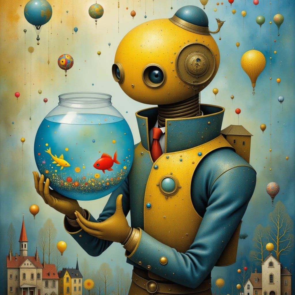 Cute Robot Holding a Fishbowl, Surreal Style