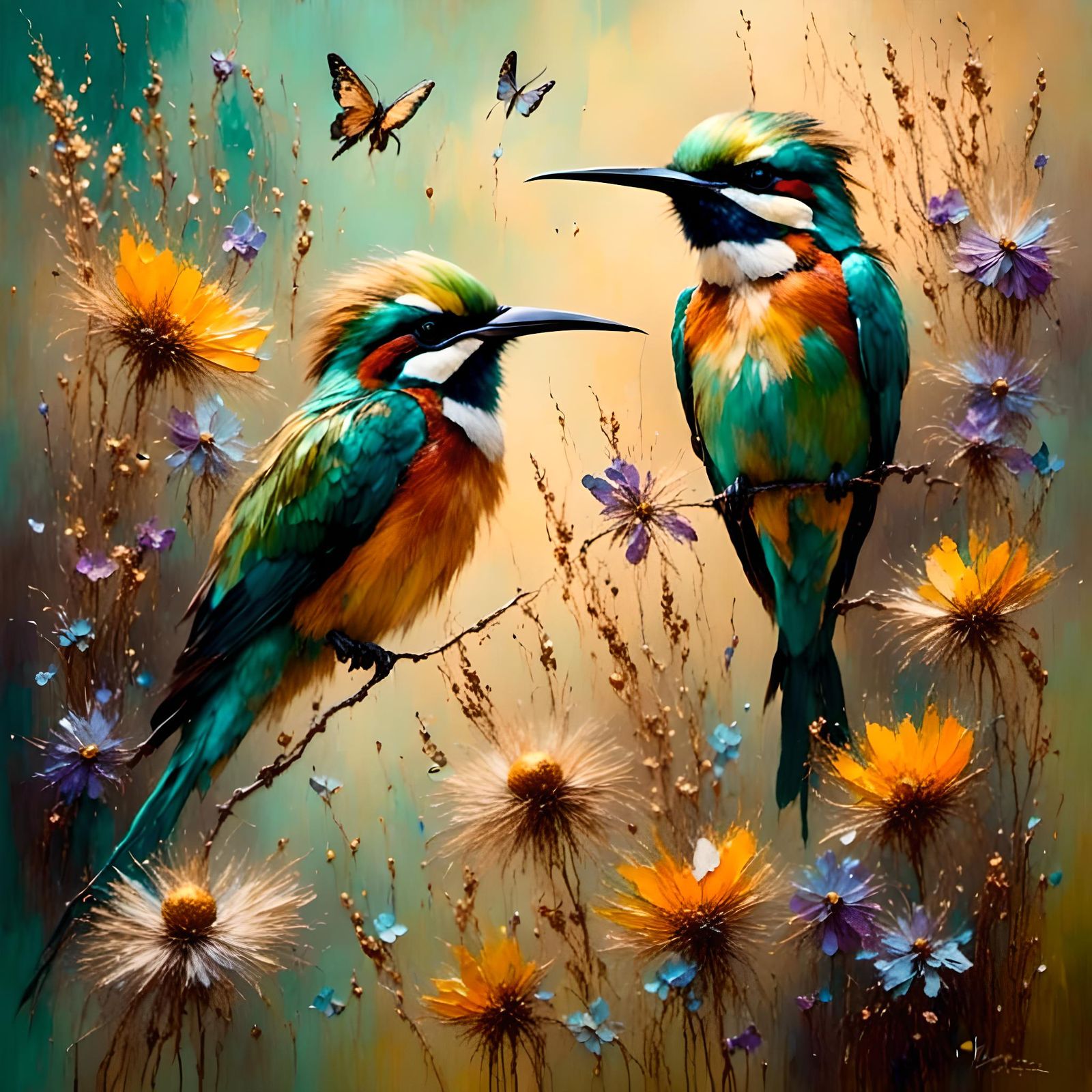 Art Nouveau Bee Eaters with Wildflowers at Dawn