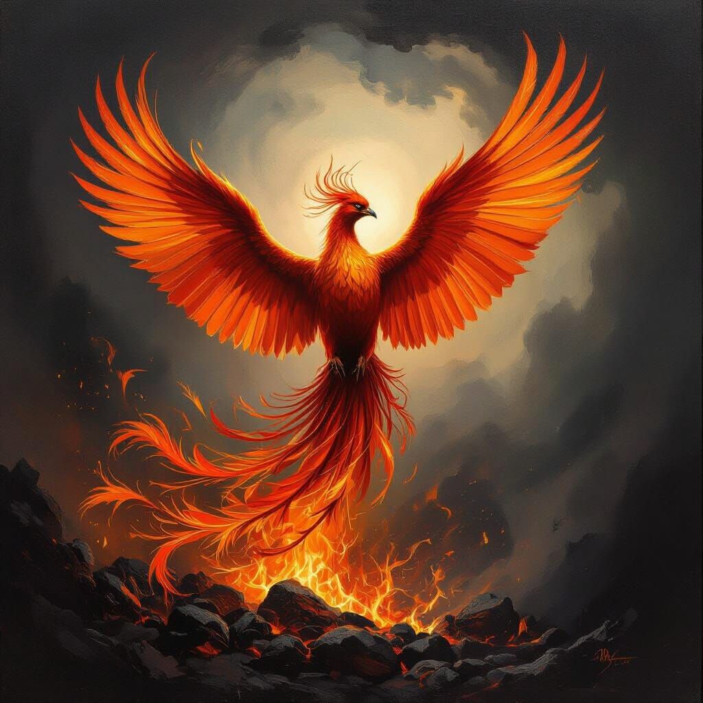 Fiery Phoenix Rising: An Impasto Oil Painting