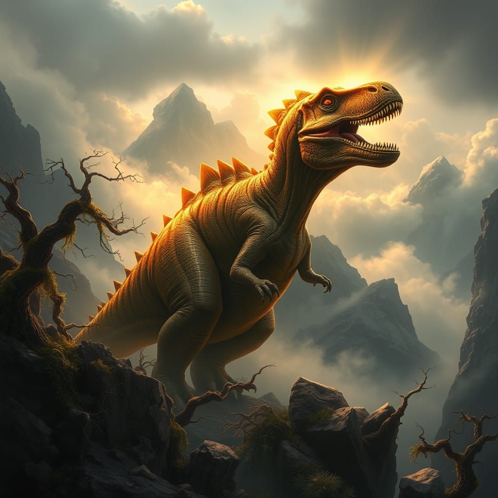 Dinosaur in Dramatic Landscape, Futuristic Art Style