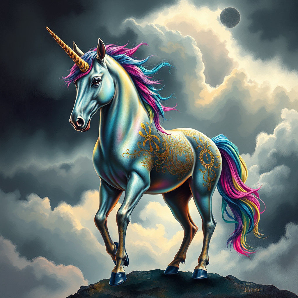 Neon Unicorn in Stormy Landscape, Digital Painting