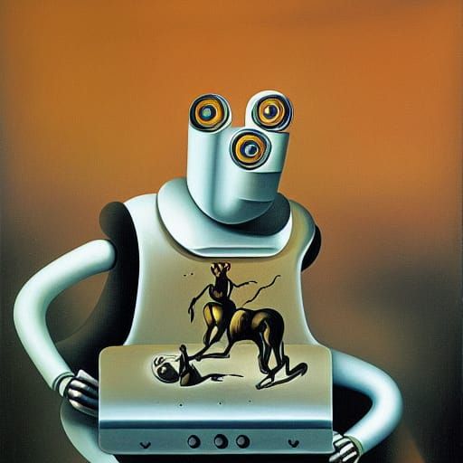 Robots as Pets in Surreal Melting Oil Painting