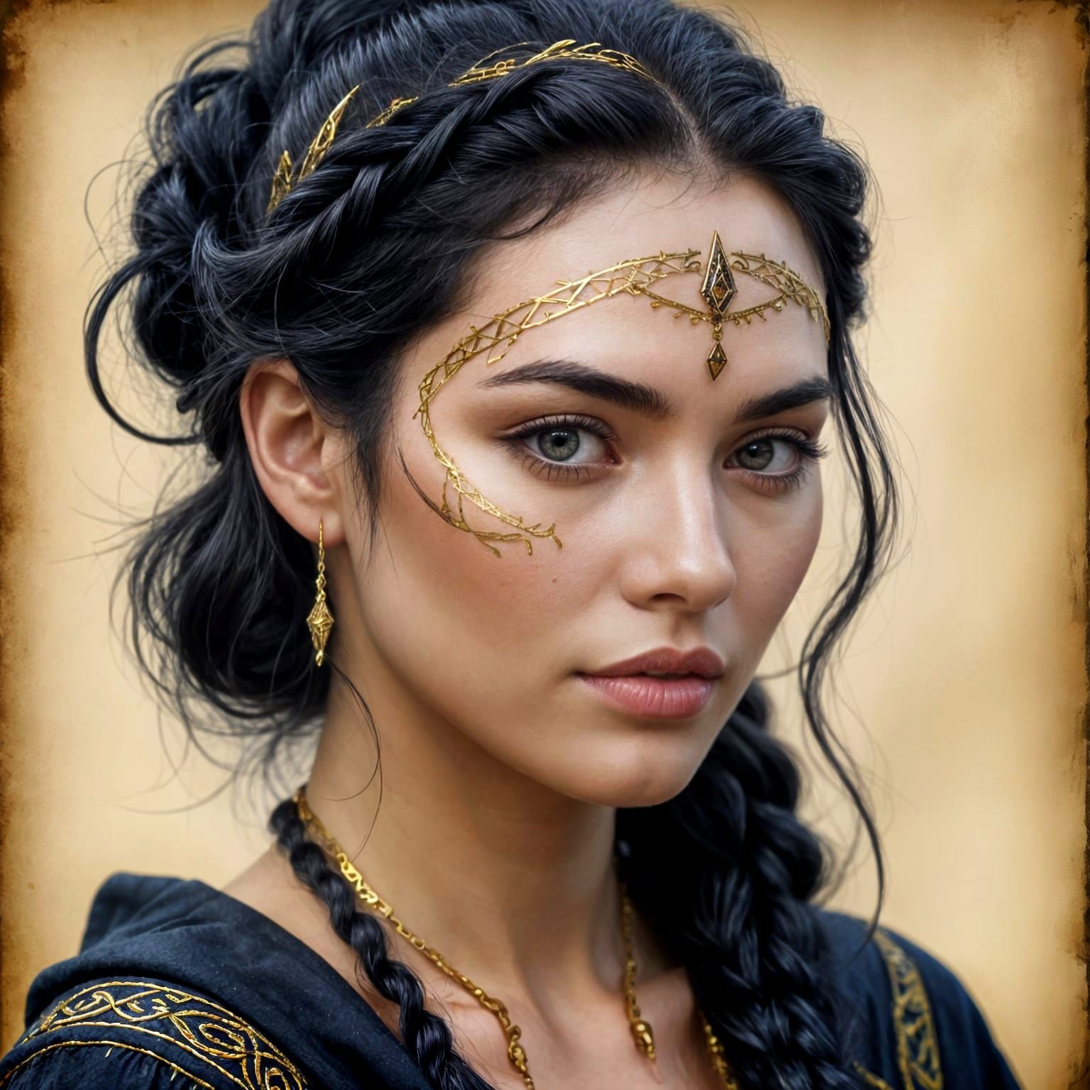 Enigmatic Sorceress Portrait in Charcoal and Gold