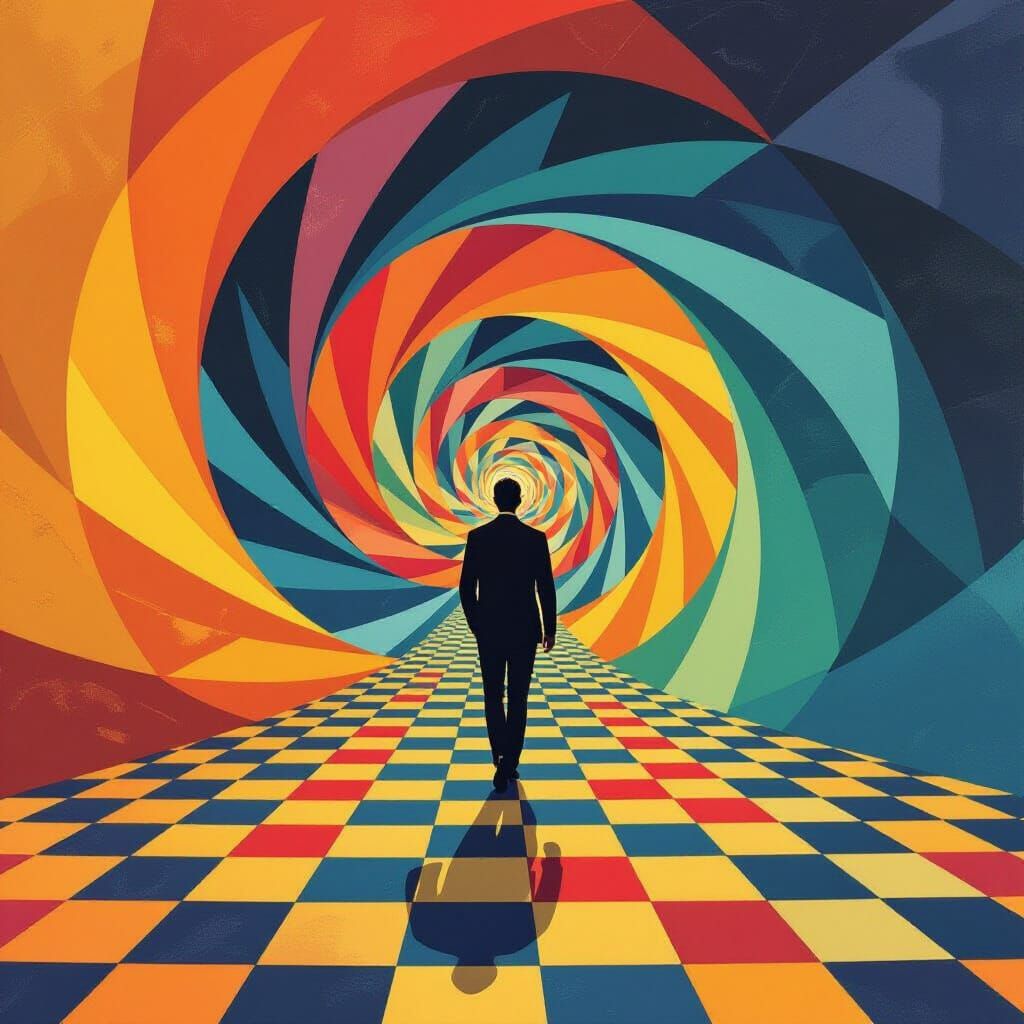 Man Walks Golden Ratio Spiral in Bauhaus Pop Art Style